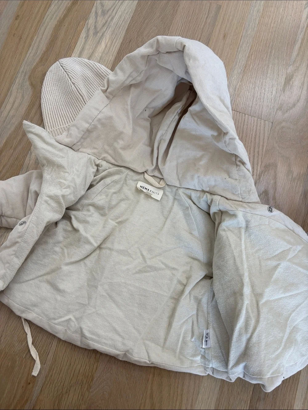 Mema Knits Cream Puffer Baby Jacket with Matching Knit Beanie